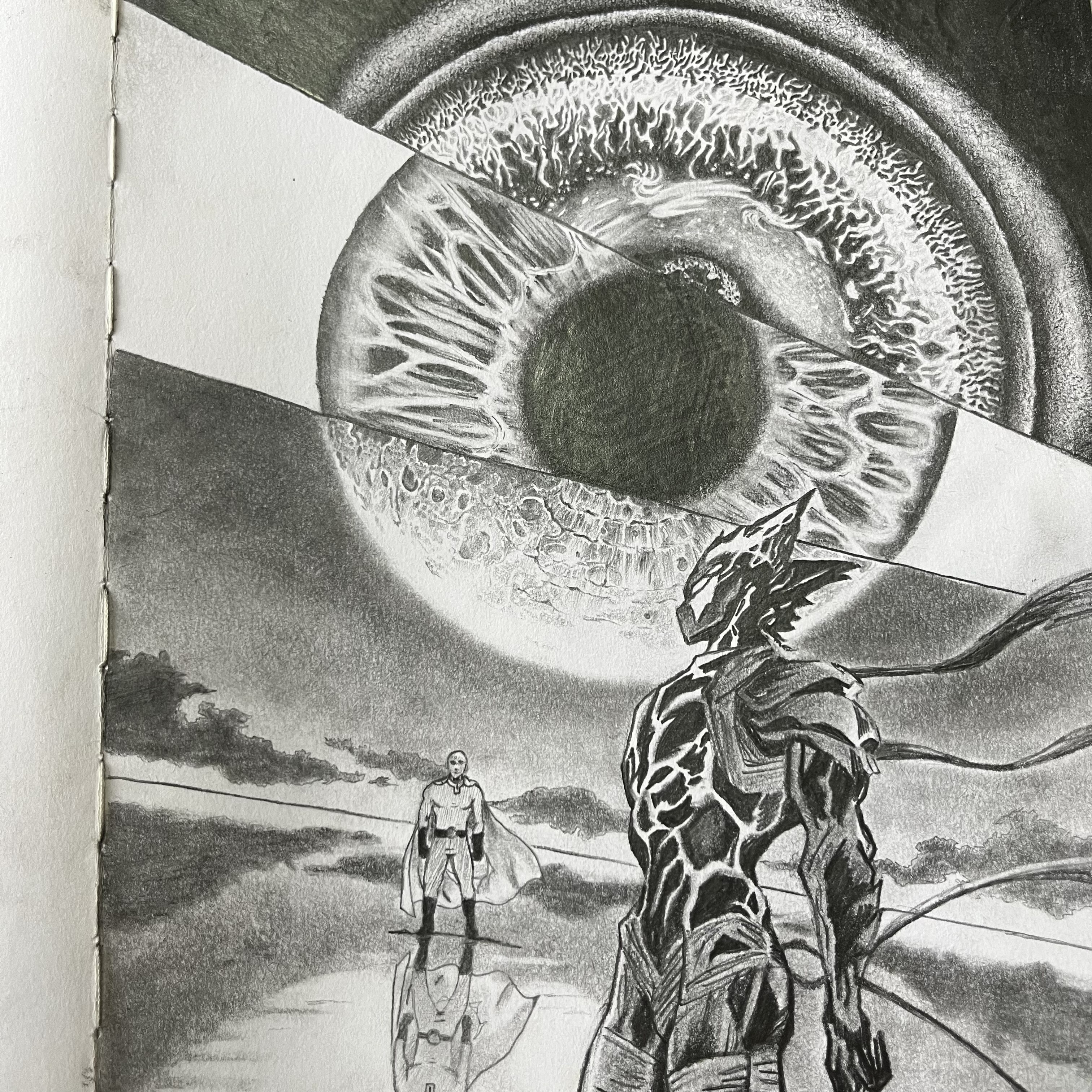 Graphite artwork of a giant eye over two figures facing each other
